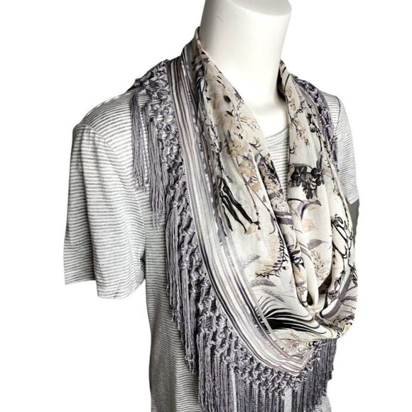 Style‎ & Co Blouse Top Large Grey White Scarf-Neck - Picture 3 of 10
